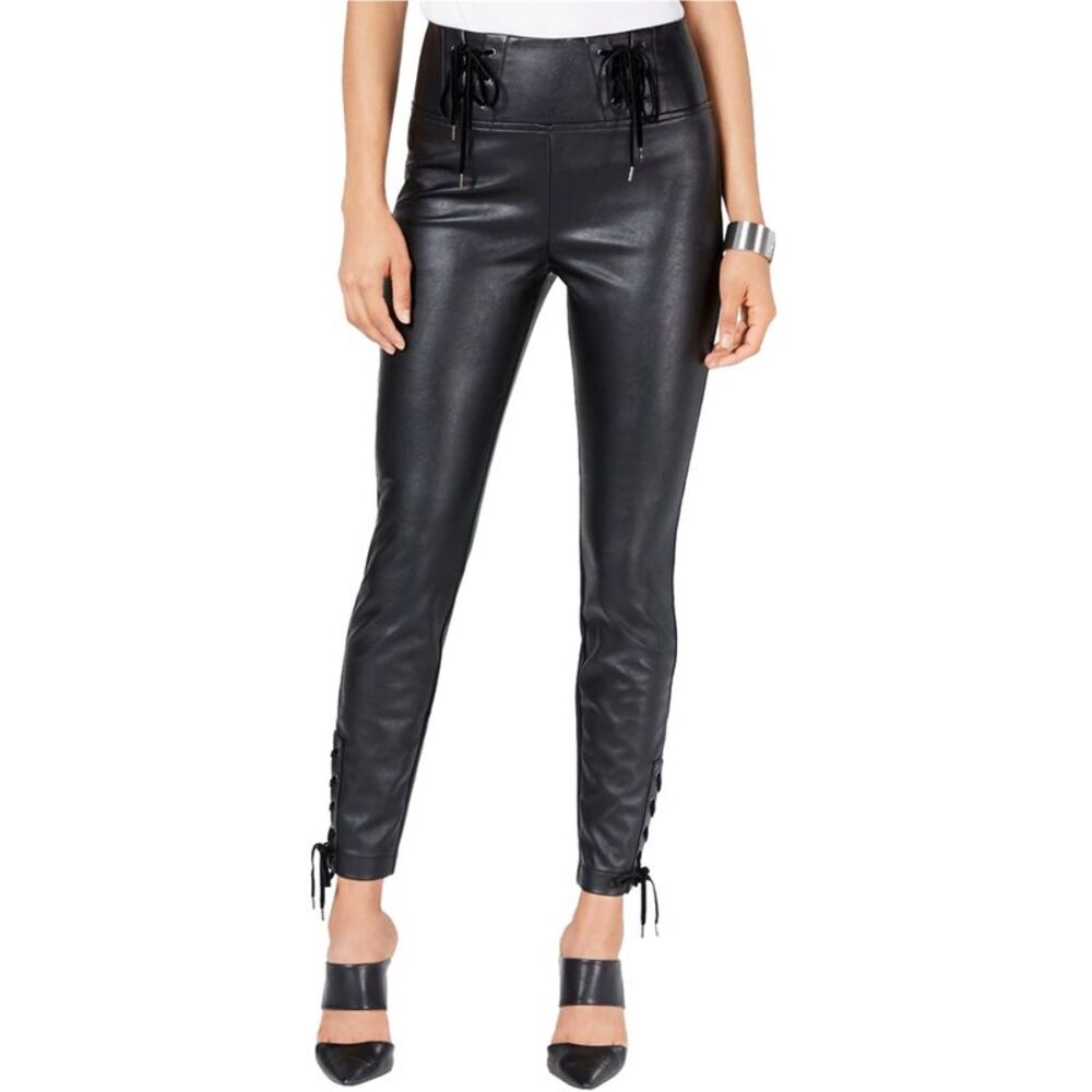 GUESS Womens Envy Coated Straight Leg Casual Pants, Black, 4, DM